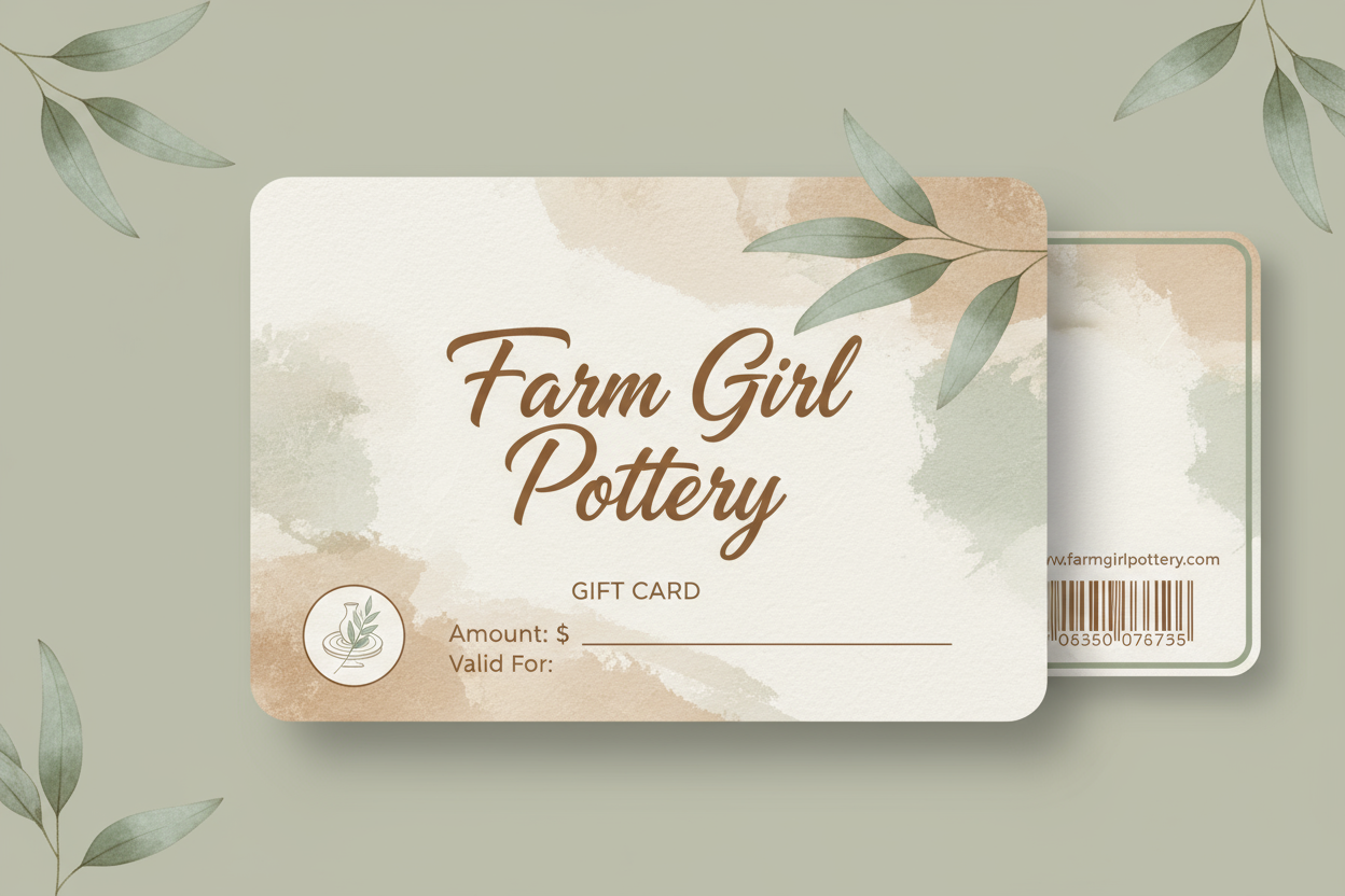 Create the image of a gift card with Farm Girl Pottery written in modern script. Use modern neutral colours and include a few eucalyptus leaves in the image